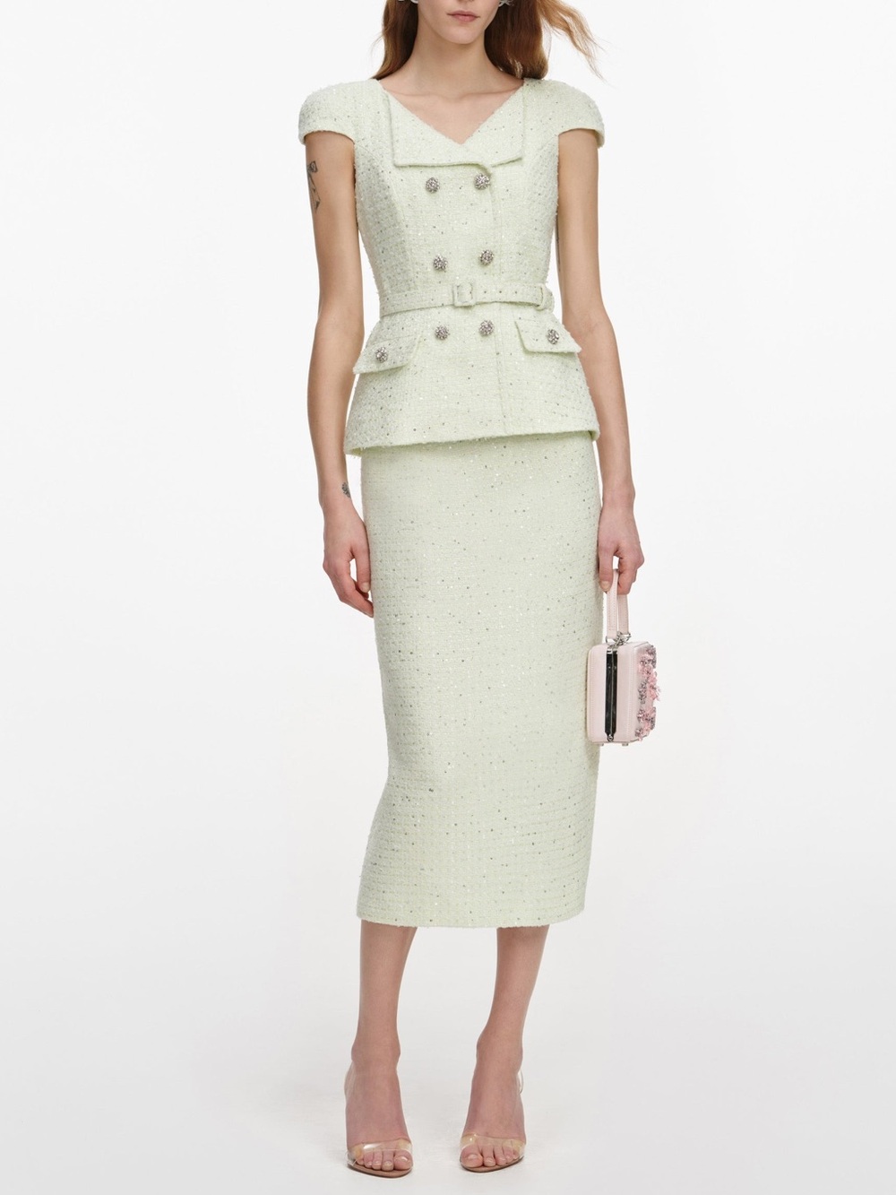 Self Portrait Lime Boucle Belted Midi Dress Size 6 NWT